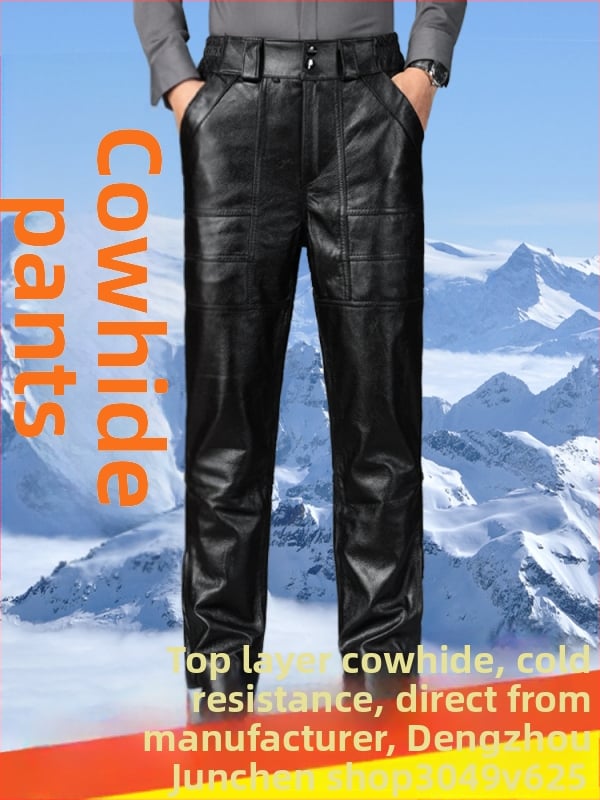 Muške hlače od prave kože, s kviltilom podstavom, vodootporne i otporne na vjetar, ravni kroj, visok pojas, zima 2024