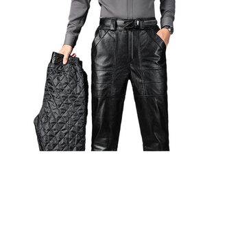 Kožne hlače od kravljeg kože, blok uzorak, skateboard stil, zima 2023, za srednju dob i starije