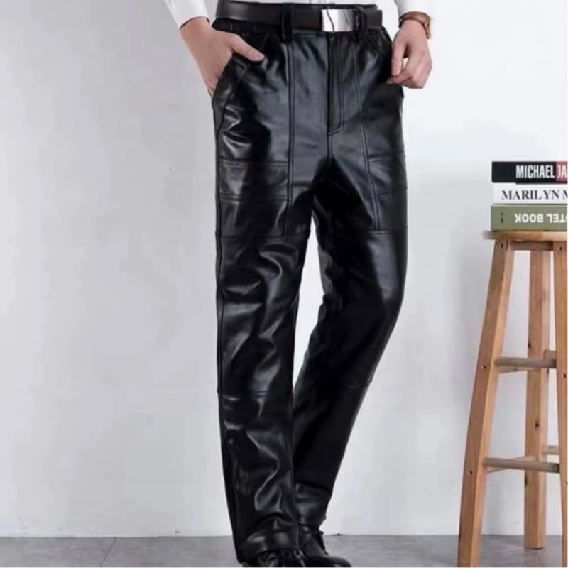 Muške kožne hlače ravnog kroja, visoki struk, prava kravlja koža, podstava od poliestera 90%, zima