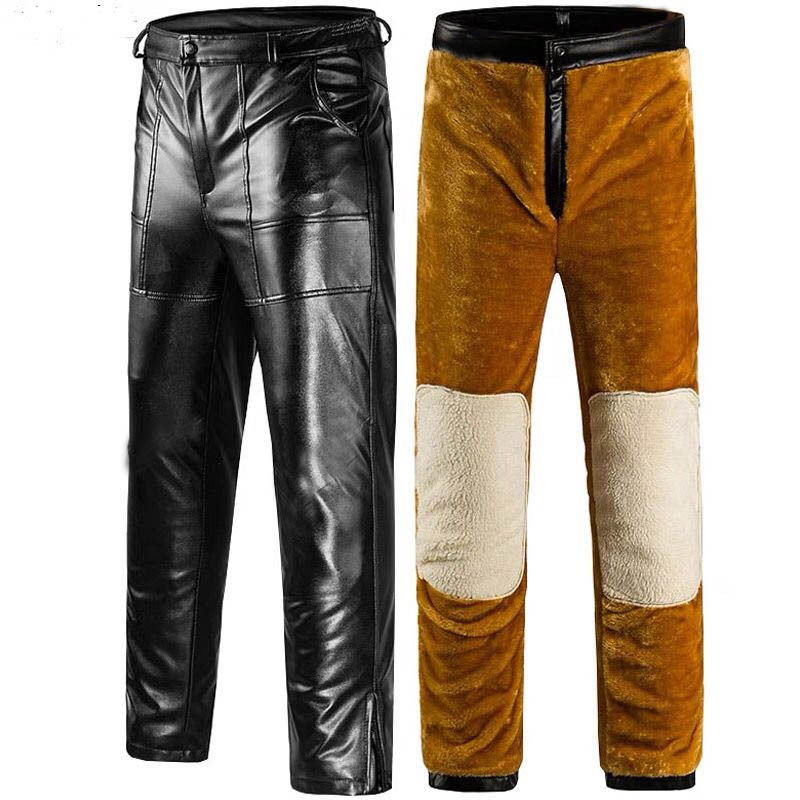 PU kožne muške moto hlače, s flis podstavom, debele, otporne na vjetar i vodu, širokog kroja, zaštita koljena i struka