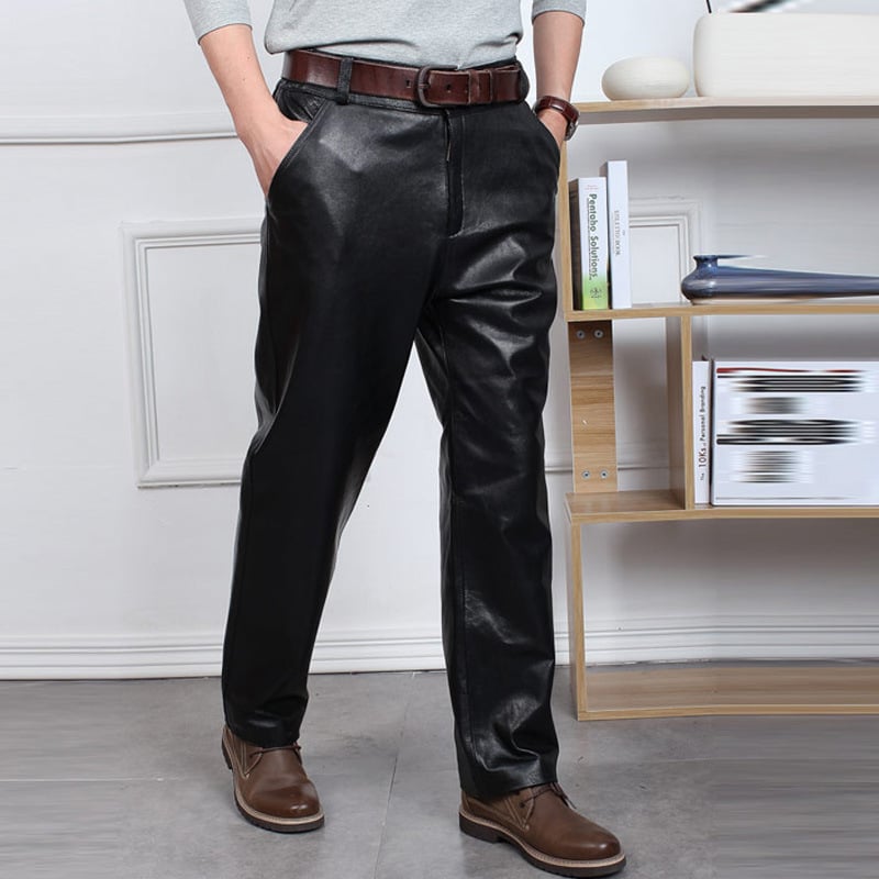 Jeep Spirit Мъжки панталони от естествена кожа, овча кожа, висока талия, свободен силует, удебелена изолация