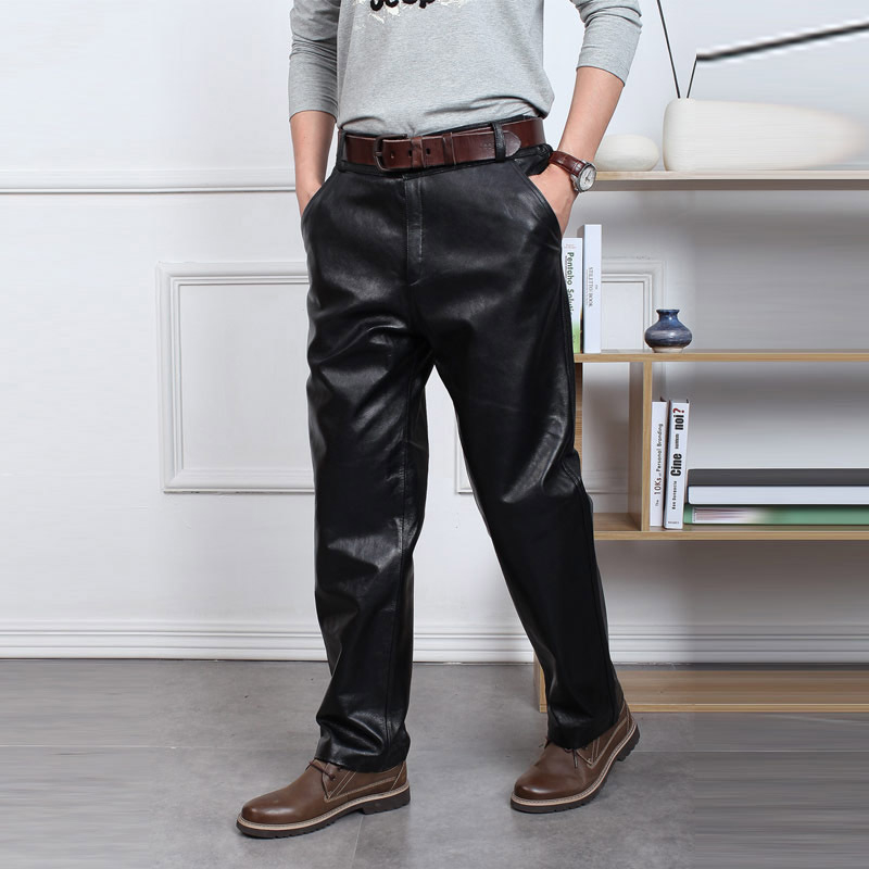 Jeep Spirit Мъжки панталони от естествена кожа, овча кожа, висока талия, свободен силует, удебелена изолация