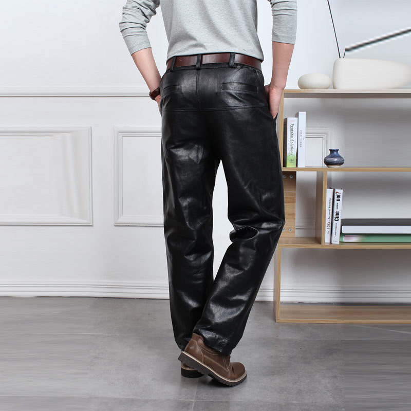 Jeep Spirit Мъжки панталони от естествена кожа, овча кожа, висока талия, свободен силует, удебелена изолация