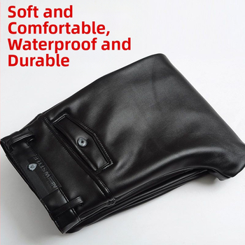 Muške PU kožne hlače s elastičnim pojasom, fleece podstavom, visokim strukom, tople, vodootporne i otporne na ulje.