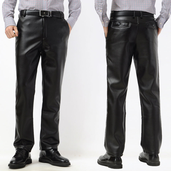 Muške PU kožne hlače s elastičnim pojasom, fleece podstavom, visokim strukom, tople, vodootporne i otporne na ulje.