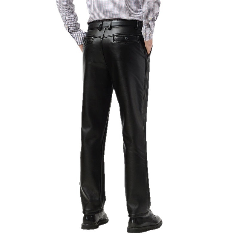 Muške PU kožne hlače s elastičnim pojasom, fleece podstavom, visokim strukom, tople, vodootporne i otporne na ulje.