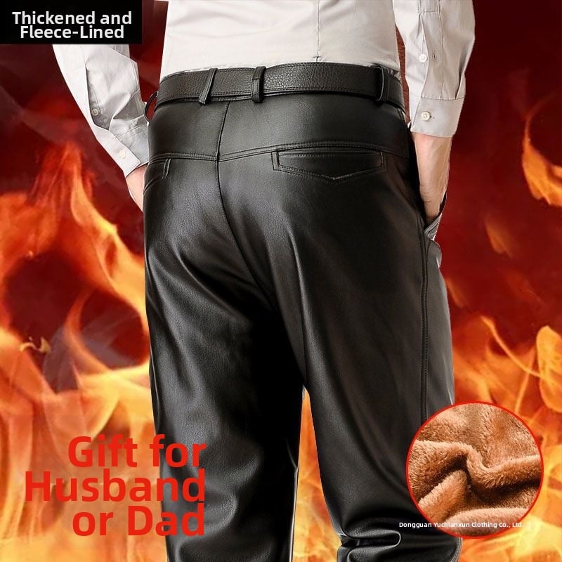 Muške PU kožne hlače s elastičnim pojasom, fleece podstavom, visokim strukom, tople, vodootporne i otporne na ulje.
