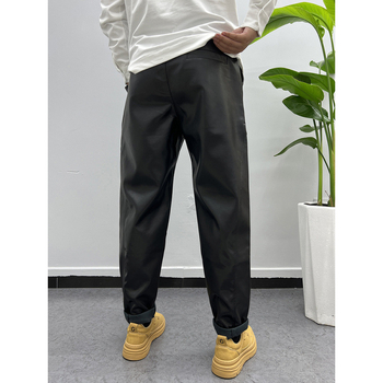 Muške PU kožne harēm biker hlače – širok kroj, flis podstava, srednji pojas