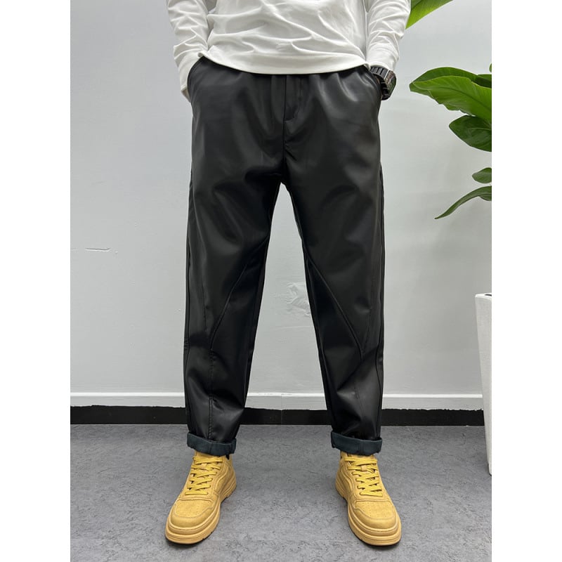 Muške PU kožne harēm biker hlače – širok kroj, flis podstava, srednji pojas