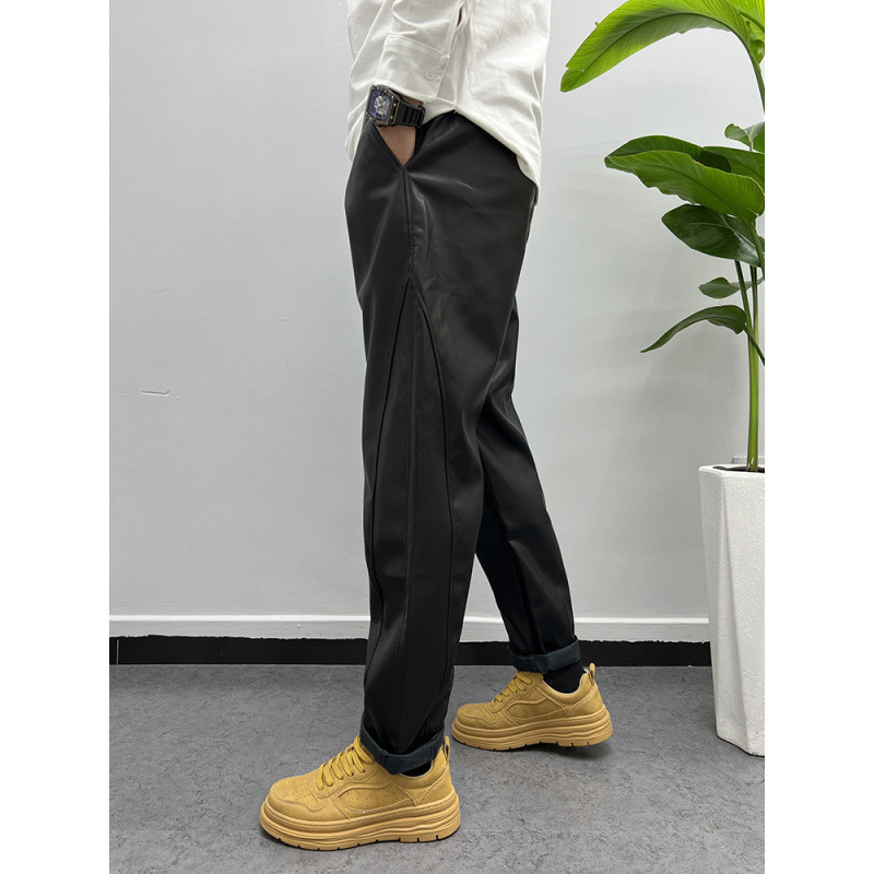 Muške PU kožne harēm biker hlače – širok kroj, flis podstava, srednji pojas