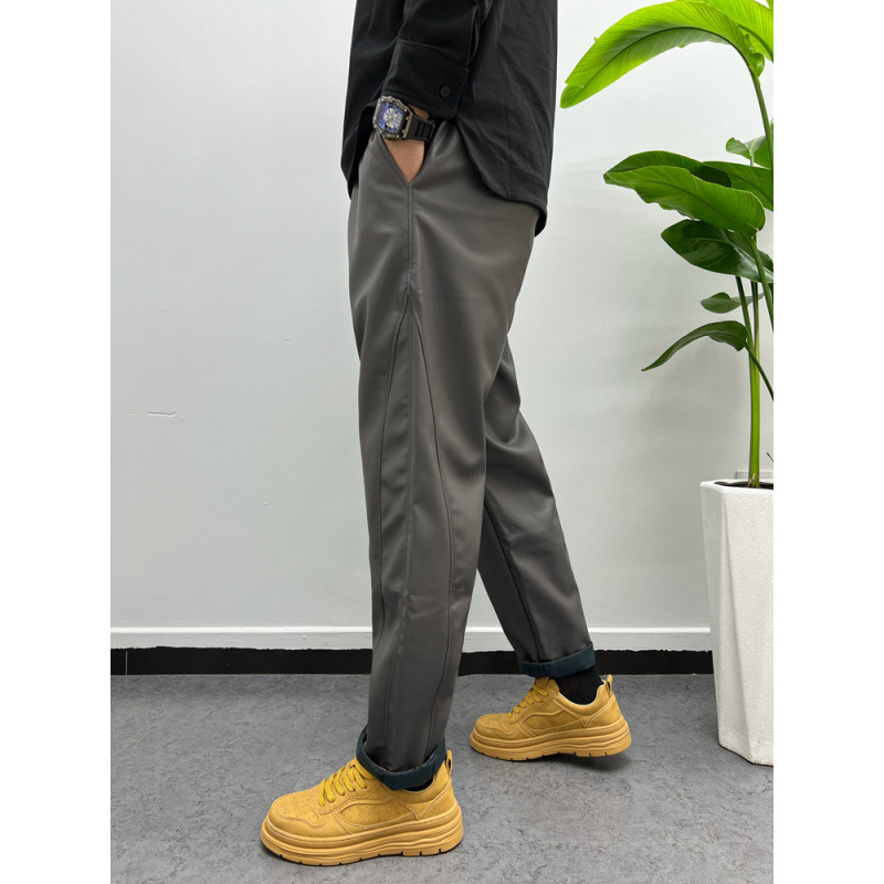 Muške PU kožne harēm biker hlače – širok kroj, flis podstava, srednji pojas