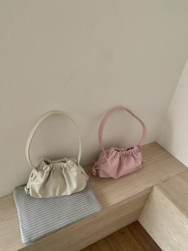 Geantă tip găleată cu design plisat, purtată în mână, PU material, dimensiune mică, închidere cu șnur, curea simplă
