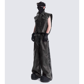 PU kožne hlače s ravnim krojem, visokim strukom, uzorak usklađenih boja, proljeće 2025, punk stil