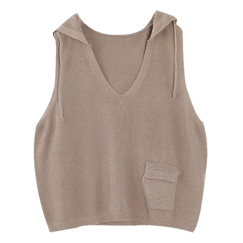 Korejski retro kapuljačasti prsluk, pleteni vuneno‑mješani materijal s poliestrom i viskozom, opuštena casual silueta, normalna duljina 50–65 cm, 3D uzorak