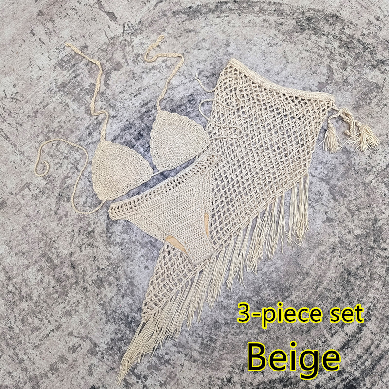 Σετ από τρία μέρη: χειροποίητο μπικίνι με βελονιά crochet και φόρεμα παραλίας, με επένδυσεις στήθων, χωρίς μεταλλική υποστήριξη, επένδυση από νάιλον