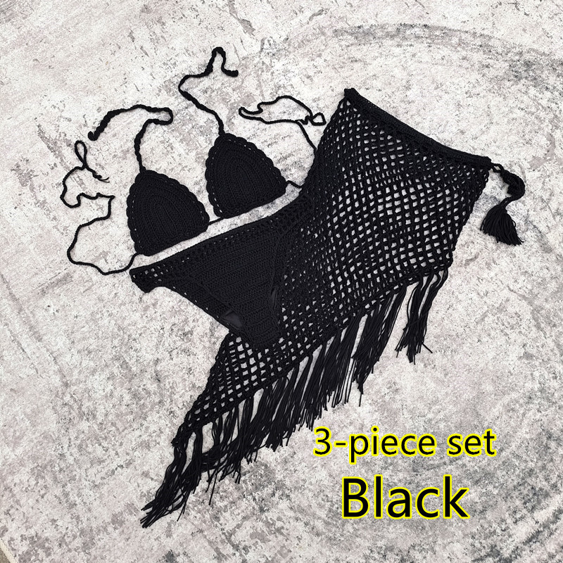 Σετ από τρία μέρη: χειροποίητο μπικίνι με βελονιά crochet και φόρεμα παραλίας, με επένδυσεις στήθων, χωρίς μεταλλική υποστήριξη, επένδυση από νάιλον