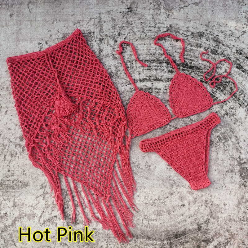 Σετ από τρία μέρη: χειροποίητο μπικίνι με βελονιά crochet και φόρεμα παραλίας, με επένδυσεις στήθων, χωρίς μεταλλική υποστήριξη, επένδυση από νάιλον