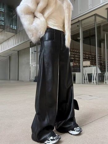 PU кожени панталони, прав силует, средна талия, изкуствена кожа, пролет-есен