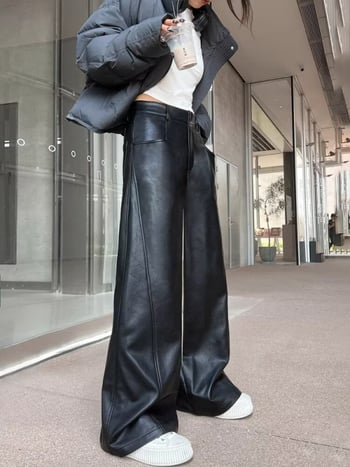 PU кожени панталони, прав силует, средна талия, изкуствена кожа, пролет-есен