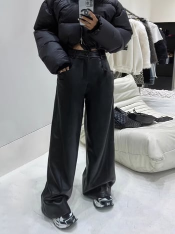 PU кожени панталони, прав силует, средна талия, изкуствена кожа, пролет-есен