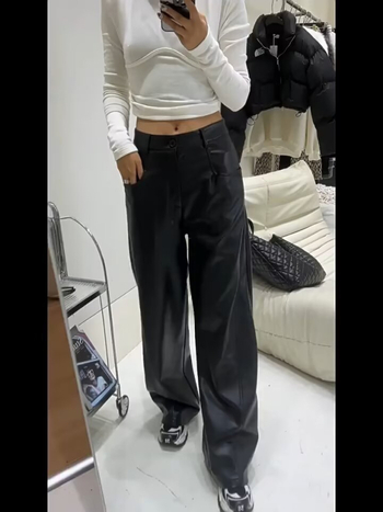 PU кожени панталони, прав силует, средна талия, изкуствена кожа, пролет-есен