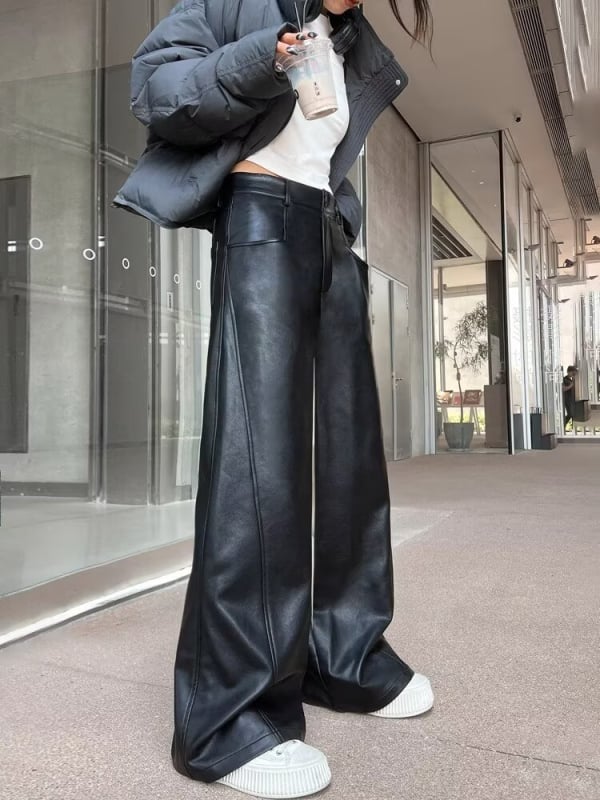 PU кожени панталони, прав силует, средна талия, изкуствена кожа, пролет-есен