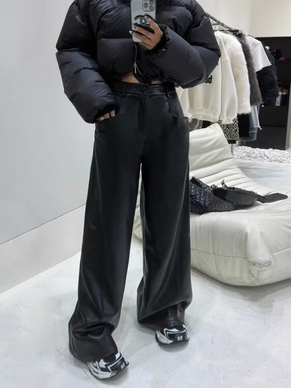 PU кожени панталони, прав силует, средна талия, изкуствена кожа, пролет-есен