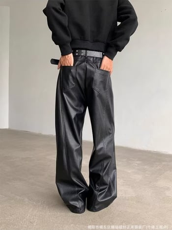 Muške hlače od PU kože, ravnog kroja s širokim nogama, srednji pojas, PU podstava, duljina do poda