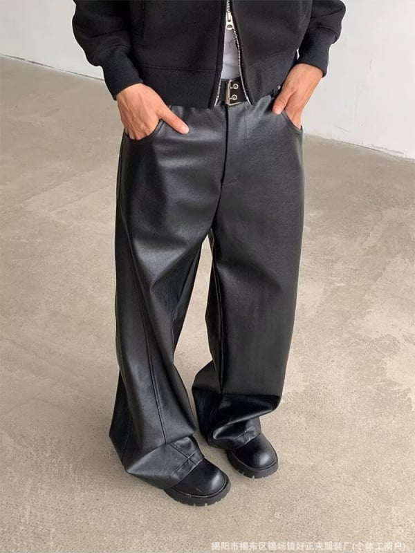 Muške hlače od PU kože, ravnog kroja s širokim nogama, srednji pojas, PU podstava, duljina do poda