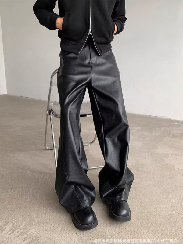 Muške hlače od PU kože, ravnog kroja s širokim nogama, srednji pojas, PU podstava, duljina do poda
