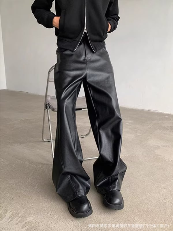 Muške hlače od PU kože, ravnog kroja s širokim nogama, srednji pojas, PU podstava, duljina do poda