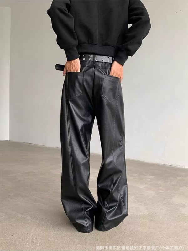 Muške hlače od PU kože, ravnog kroja s širokim nogama, srednji pojas, PU podstava, duljina do poda