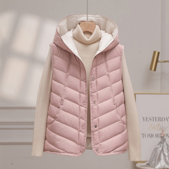Ženski gilet s kapuljom od pačjeg perja, slobodan kroj, poliester materijal, punilo od pačjeg perja