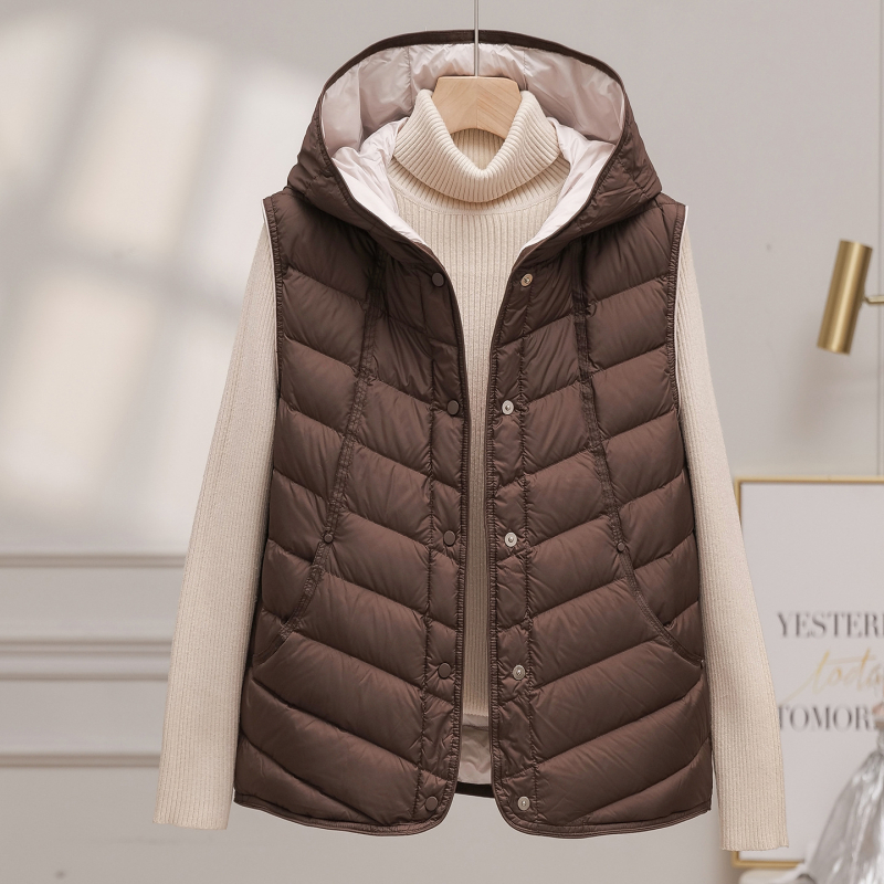 Ženski gilet s kapuljom od pačjeg perja, slobodan kroj, poliester materijal, punilo od pačjeg perja