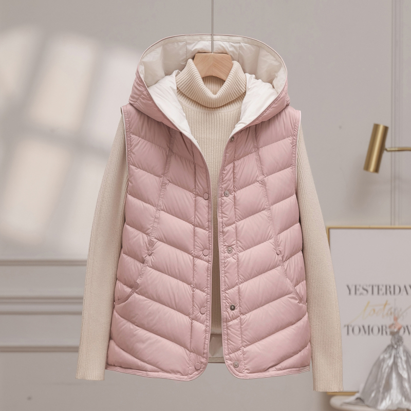 Ženski gilet s kapuljom od pačjeg perja, slobodan kroj, poliester materijal, punilo od pačjeg perja
