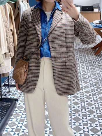 Ženski blejzer od vune s uzorkom Houndstooth, regular kroj, V-izrez, dugi rukavi, mješavina vune i viskoze, jesen 2023