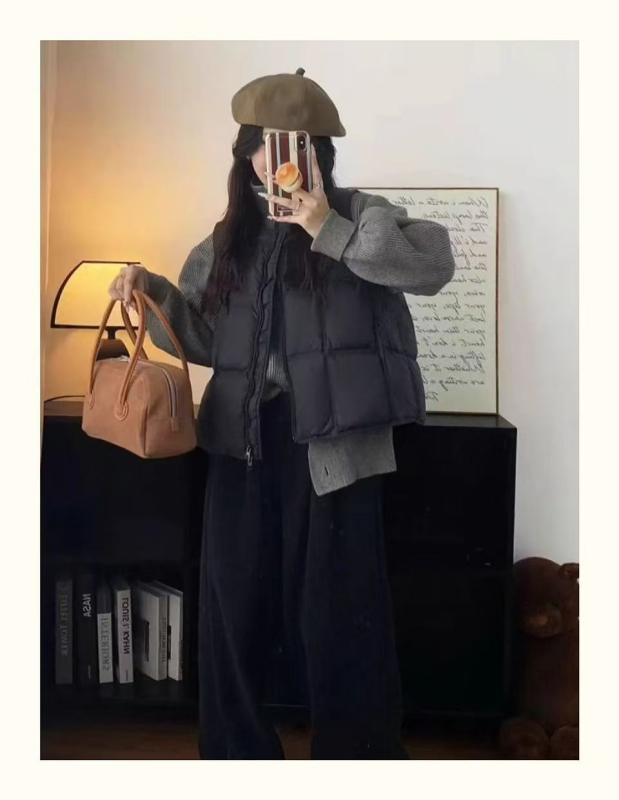 Nothing Ženski prsluk s guščjim perjem – Najlon, guščje perje, stojeći ovratnik, karirani uzorak, zip, udoban širok kroj