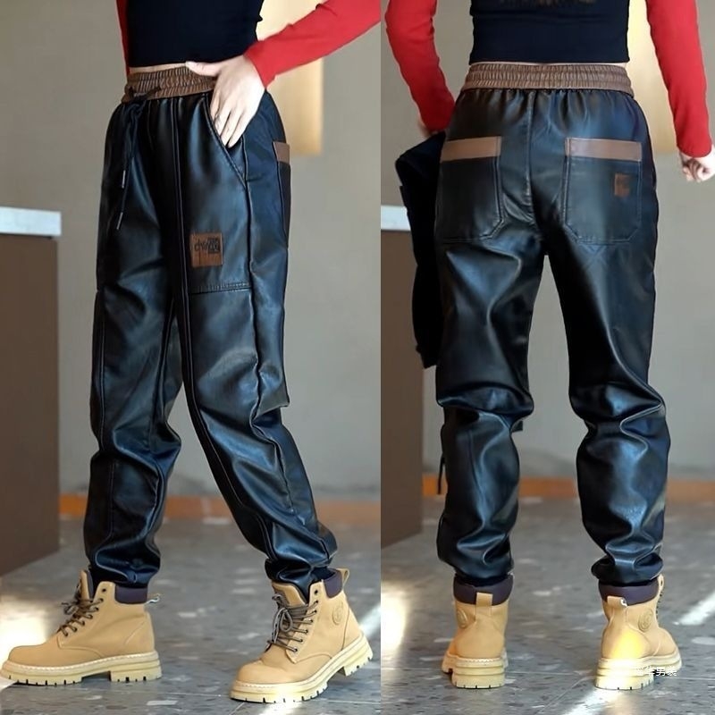 Muške hlače od umjetne kože za zimu, uski kroj, visoki struk, vintage stil
