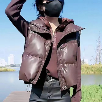Ženski kratki poliester prsluk u korejskom stilu, stojeći ovratnik, skriveni gumbi