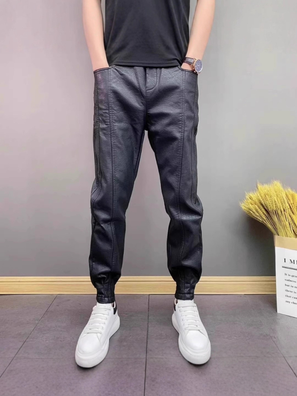 PU bőrhatású nadrág férfiaknak – szük szabás, PU anyag, középmagas derék, téli viselet