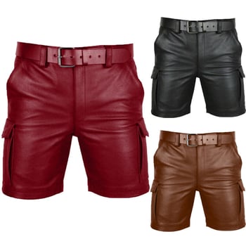 Muške kožne kratke hlače – biker stil, ravni kroj, 100% umjetna koža, srednji pojas, ljeto 2025