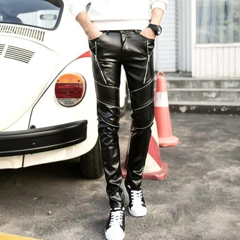 Muške PU kožne hlače, uski kroj, srednje visok pojas, jednobojne, rock stil