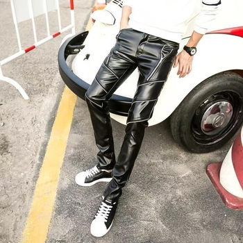 Muške PU kožne hlače, uski kroj, srednje visok pojas, jednobojne, rock stil