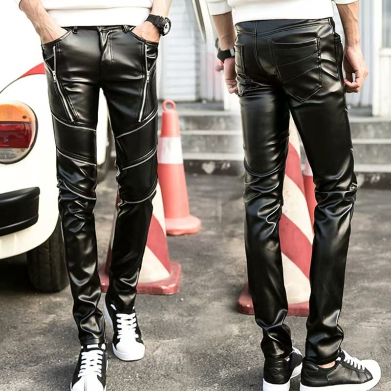 Muške PU kožne hlače, uski kroj, srednje visok pojas, jednobojne, rock stil