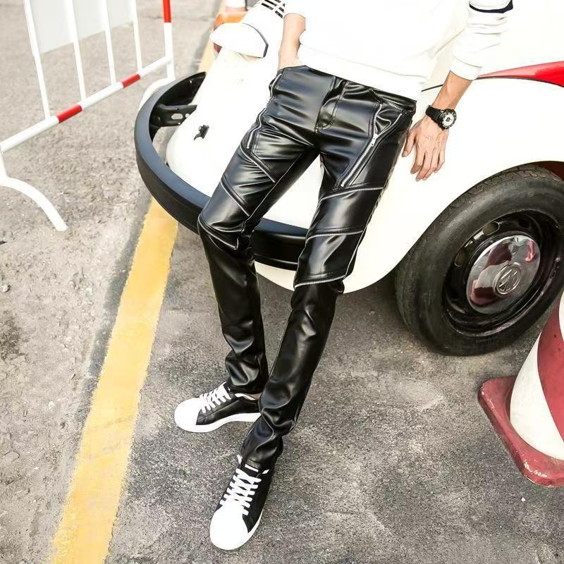 Muške PU kožne hlače, uski kroj, srednje visok pojas, jednobojne, rock stil
