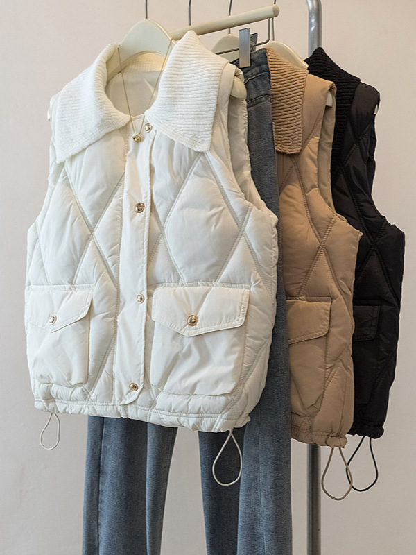 Ženska prešivana vesta od pamuka s punom, casual bez rukava, zatvarač, rever ovratnik (Punilo: Down cotton; Ovratnik: rever; Zatvaranje: zip; Duljina: 50–65 cm)