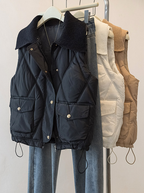 Ženska prešivana vesta od pamuka s punom, casual bez rukava, zatvarač, rever ovratnik (Punilo: Down cotton; Ovratnik: rever; Zatvaranje: zip; Duljina: 50–65 cm)