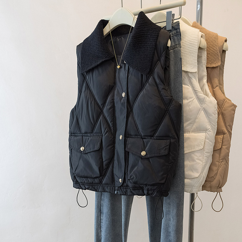 Ženska prešivana vesta od pamuka s punom, casual bez rukava, zatvarač, rever ovratnik (Punilo: Down cotton; Ovratnik: rever; Zatvaranje: zip; Duljina: 50–65 cm)