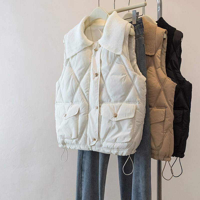 Ženska prešivana vesta od pamuka s punom, casual bez rukava, zatvarač, rever ovratnik (Punilo: Down cotton; Ovratnik: rever; Zatvaranje: zip; Duljina: 50–65 cm)
