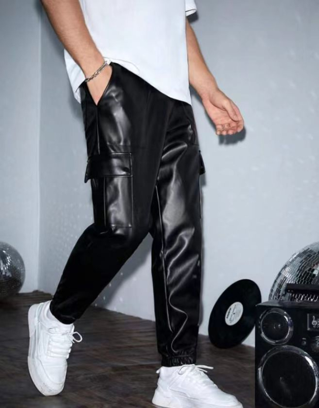 Muške hlače od PU kože, ravnog kroja, s višestrukim džepovima, srednji pojas, retro jesenski stil